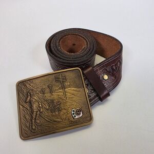 Vintage 1970s PNB Pacific Northwest Bell Belt Buckle Leather Belt O.C. Tanner